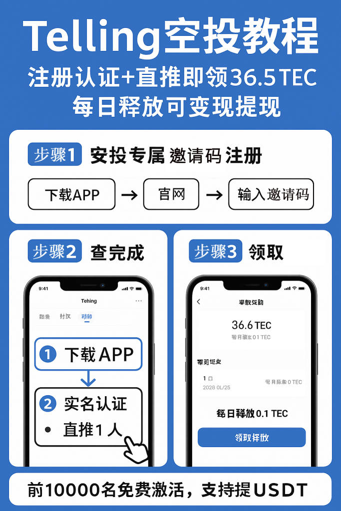 图片[1]-Telling App空投教程：注册认证+直推领36.5 TEC，每日释放可变现提现